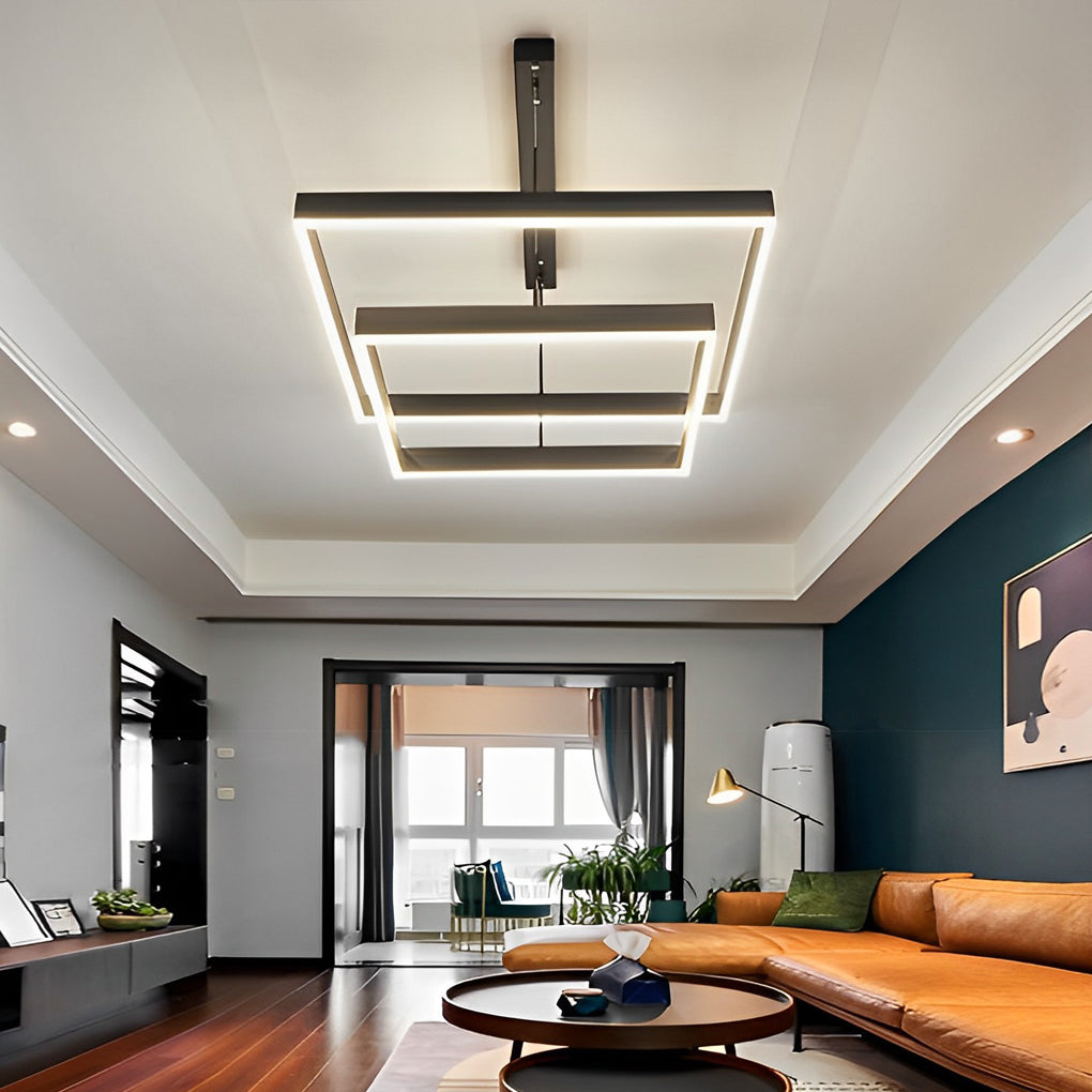 Modern Square LED Chandelier — Black Aluminum, 3-Layer Stepless Dimming, Remote Control