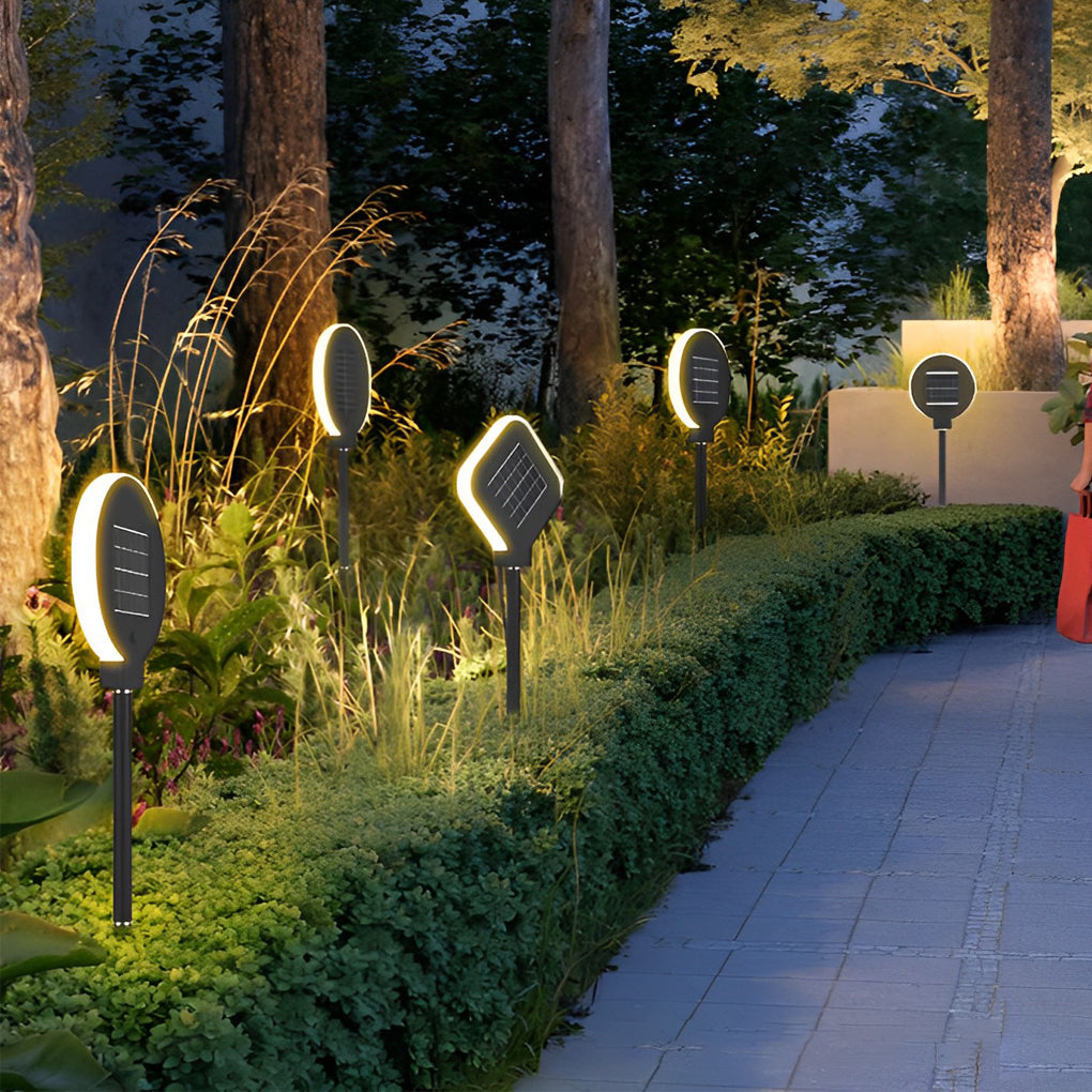 Circular Geometric Solar LED Path Light — Stainless Steel & Silicone, Black, IP54, 3000K Warm White