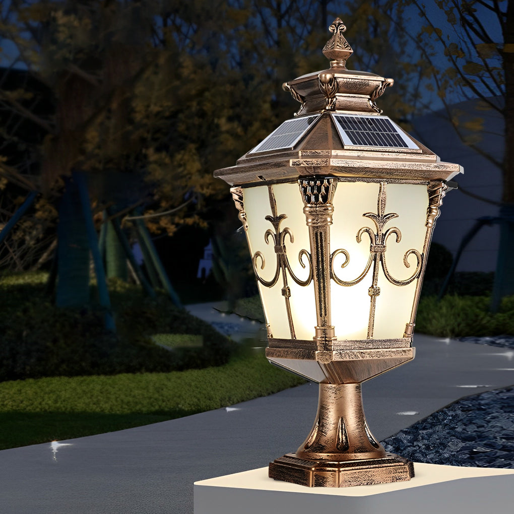 Retro Solar Fence Post Light — Die-Cast Aluminum & Glass, LED, IP55, Remote Control, Black / Bronze