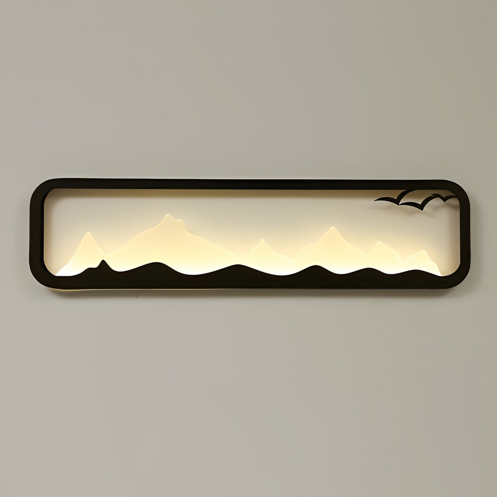 Rectangular Mountain Scenery Outdoor Wall Sconce — Black Iron & Acrylic, Industrial, LED, IP65, 14W–28W, 3000K