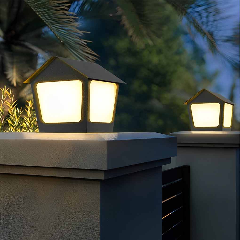 Cottage-Shaped Outdoor Pillar Light — Stainless Steel & Acrylic, Solar / Hardwired, LED, IP54, Warm White 3000K