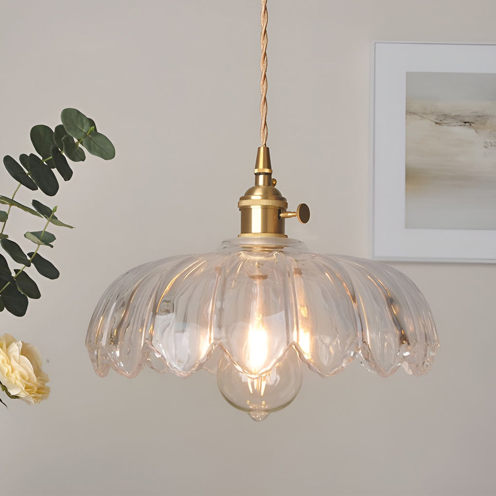 Retro Flower Glass Mini Pendant — Brass, Rotary Switch, 10" Diameter, Clear / Amber / Green / White