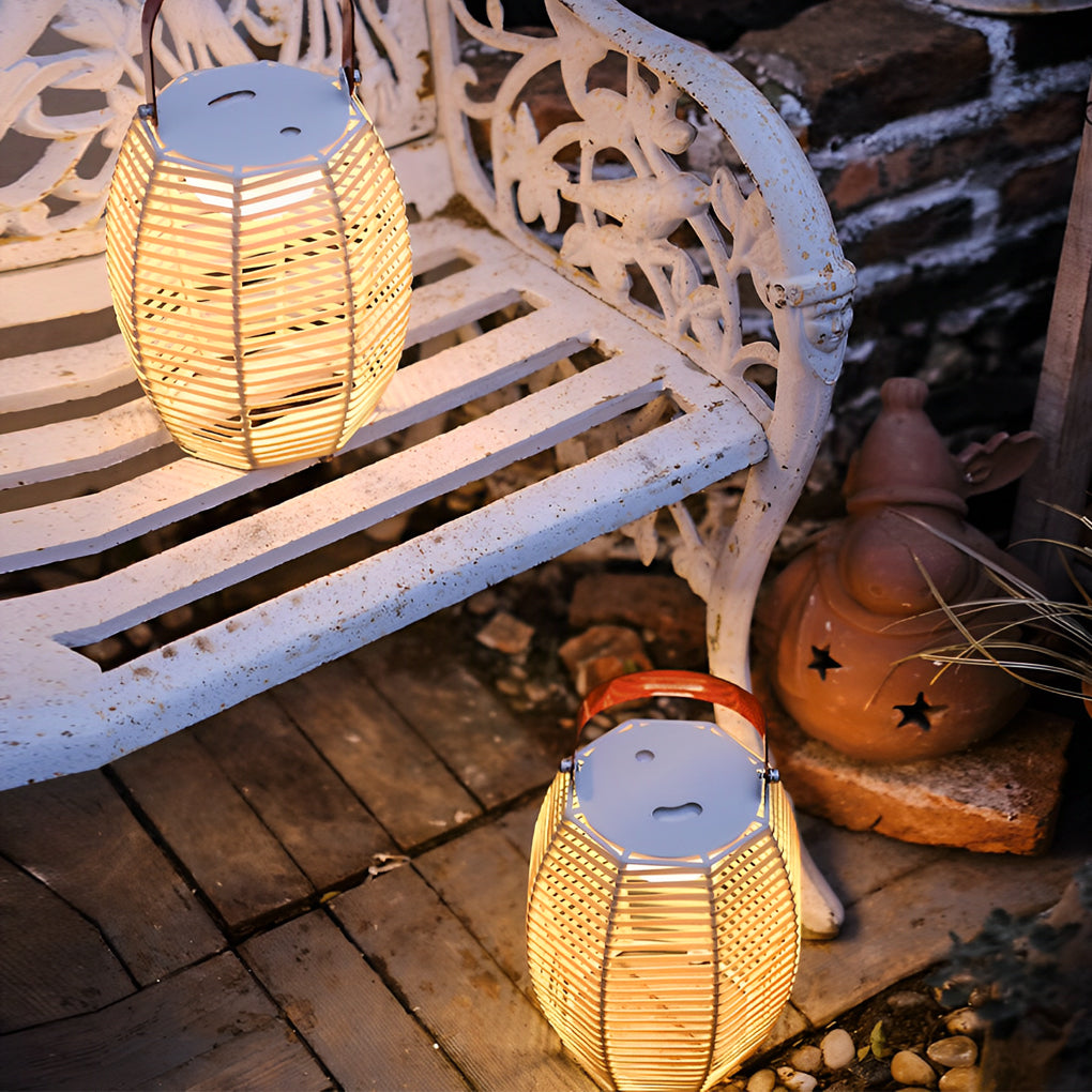 Rustic Modern Solar Outdoor Lantern — Hand-Woven Rattan, LED, IP54 Waterproof, Portable
