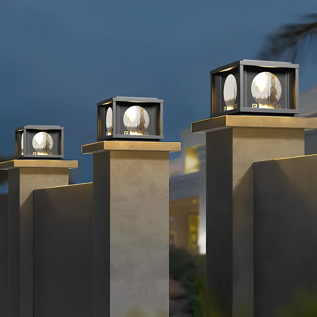 Black Solar Fence Post Cap Light — Die-Cast Aluminum & Tempered Glass, 360° Charging, 3000K LED, Square and Round Posts