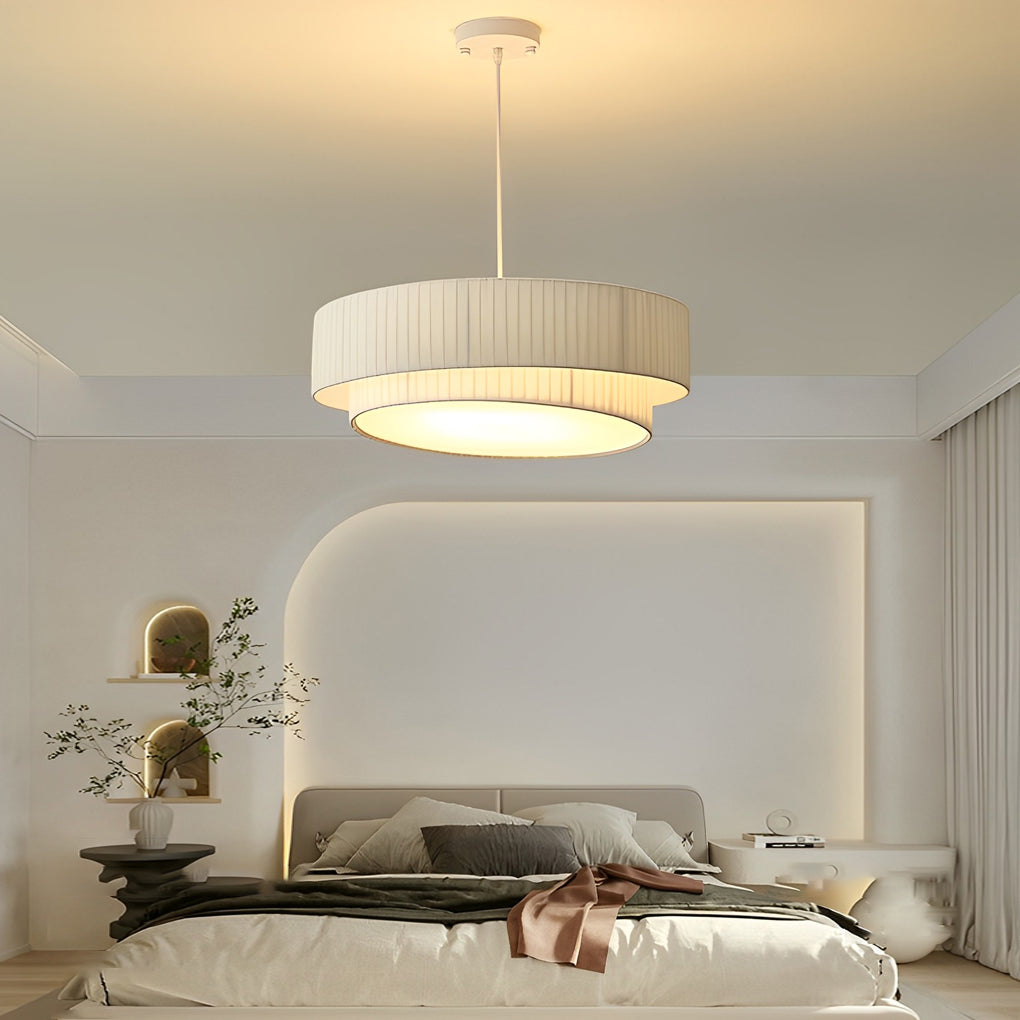 Double-Layer Drum Pleated Chandelier — White Fabric & Acrylic, 4-Light E27, 20" Diameter, 3000K Warm White