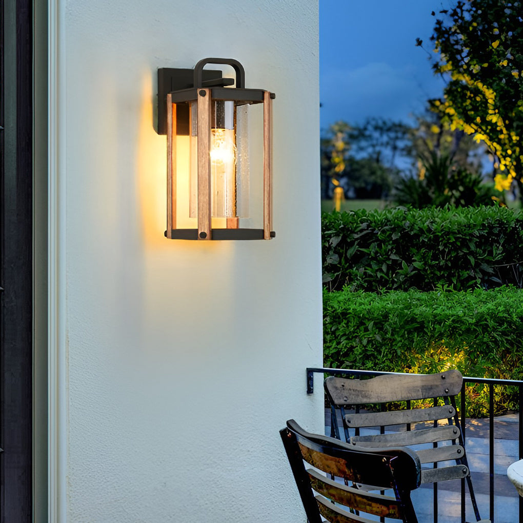 Black Glass Lantern Outdoor Wall Sconce — Die-Cast Aluminum, Industrial, Wood Grain Finish, 3200K