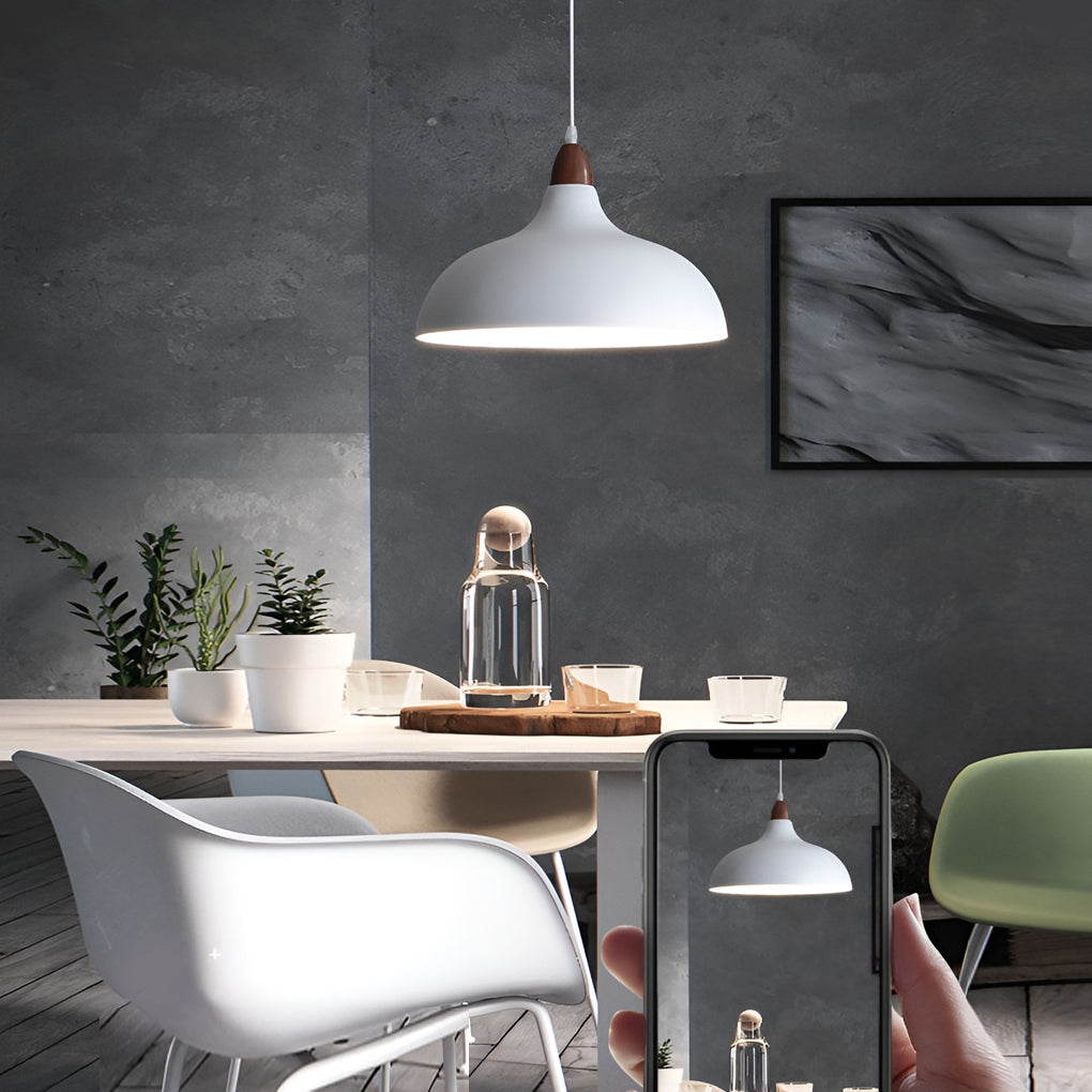 Round Wood Grain Pendant Light — Iron and Walnut, E27 12W, 14" Diameter, 47" Adjustable Cord