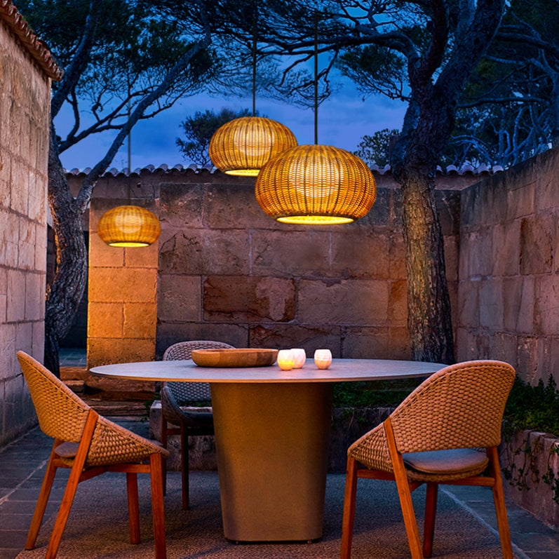 Rattan Lantern Outdoor Pendant & Wall Sconce — PE Rattan, E27 LED, 12W, IP55, Warm White 3000K, Beige or Coffee