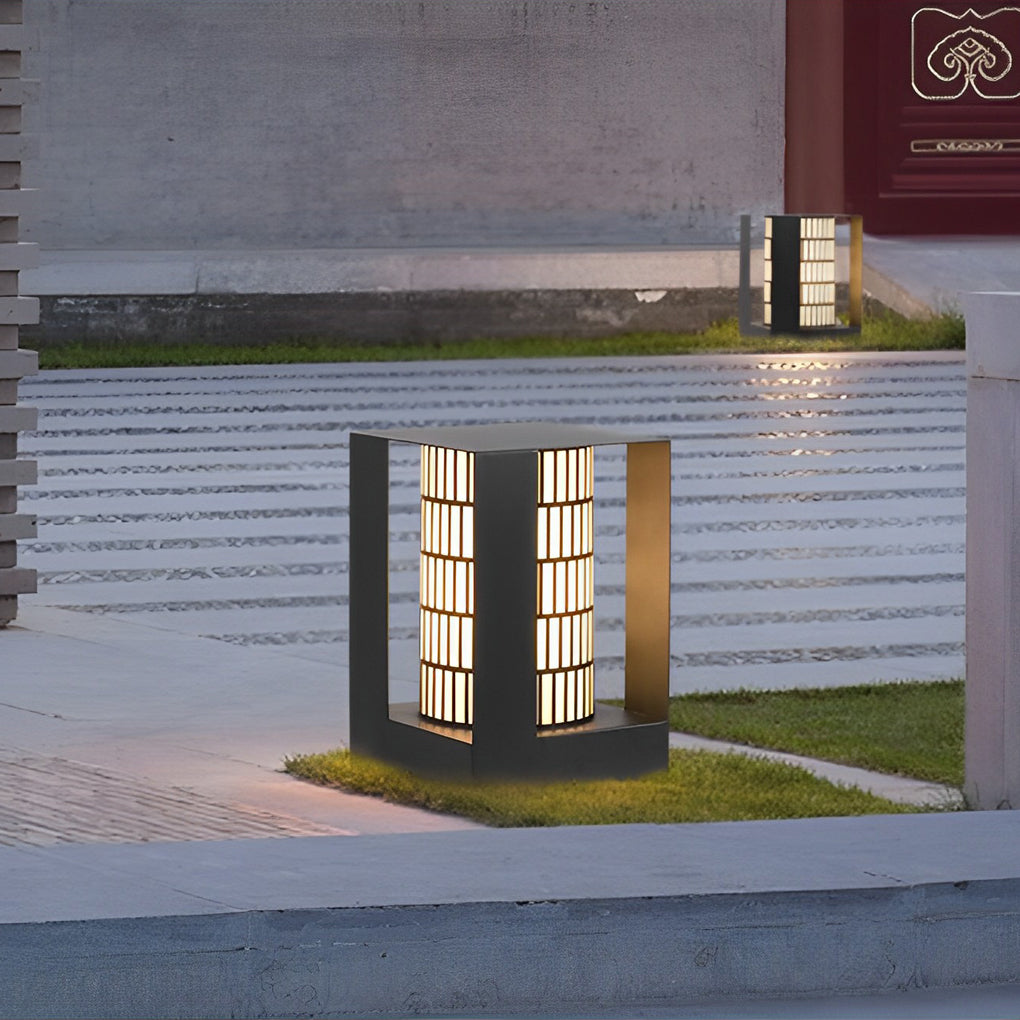 Black Waterproof Outdoor LED Lantern with Four-Panel Design and Lattice Pattern