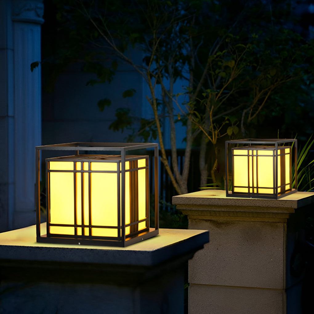 Square Outdoor Post Cap Light — Black Galvanized Steel, Imitation Marble Shade, LED, Waterproof, Hardwired