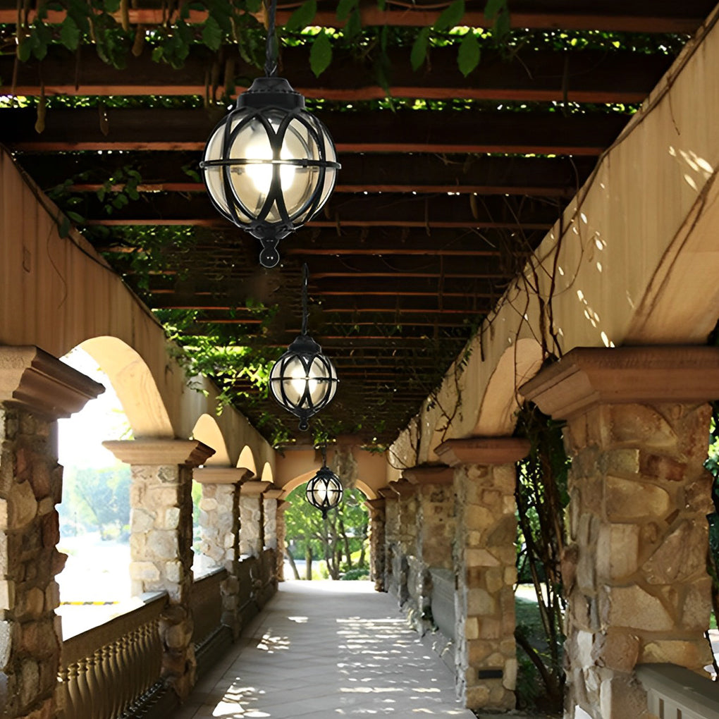 Metal Orb Outdoor Hanging Light — Aluminum and Glass Globe, IP54, Adjustable Chain, Black or Bronze