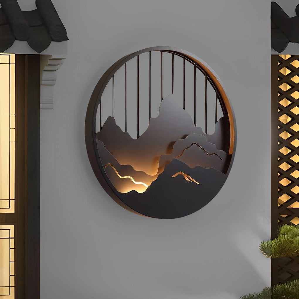 Round Mountain Scenery Outdoor Wall Sconce — Black Iron, LED Waterproof, 16"/24"/31"