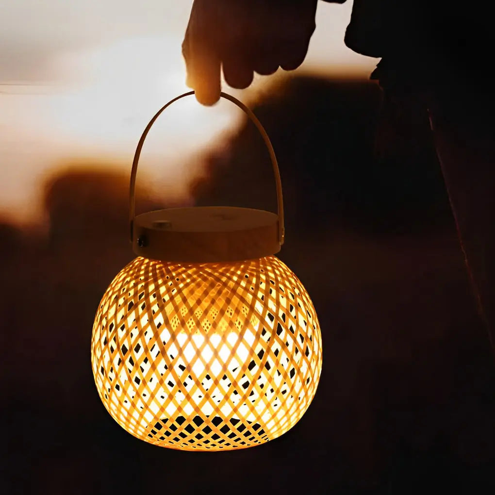 Portable Rustic Bamboo Lantern Table Lamp with Handle - Woven Design Luxe