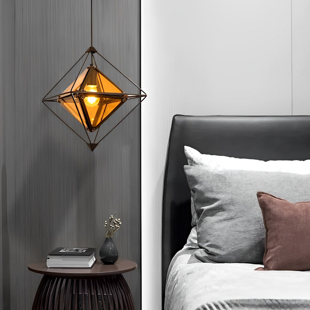 Modern Geometric Glass Pendant Light — E27, 16" Diameter, Amber or Smoke Gray, Gold or Black Finish