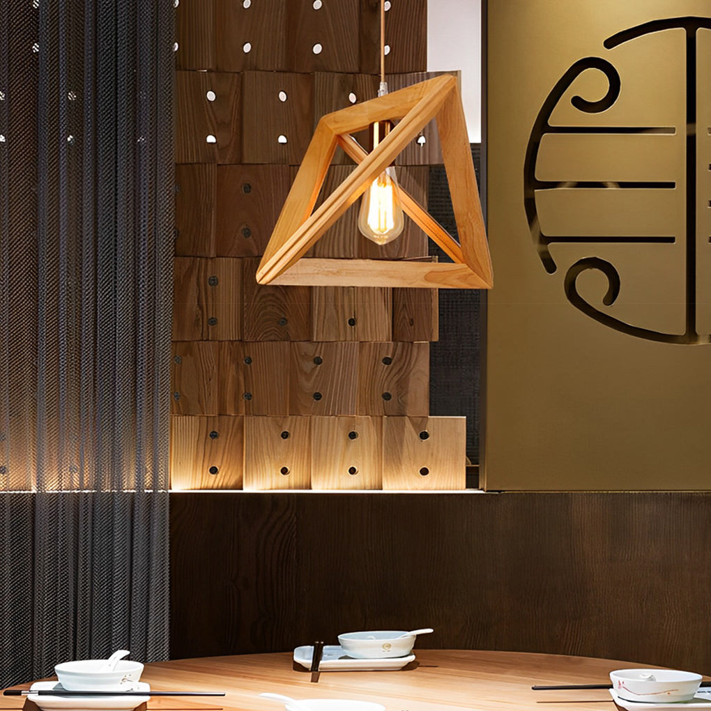 Geometric Wood Frame Pendant Light — Rustic Modern, E27, Adjustable 59" Cord
