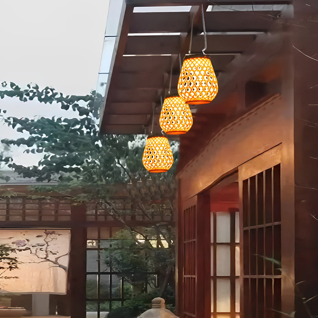 Bamboo and Rattan-Style Portable Outdoor Lantern — Plastic with Hemp Rope, Solar / USB, LED 3000K, IP44, 7.3" × 8.3"