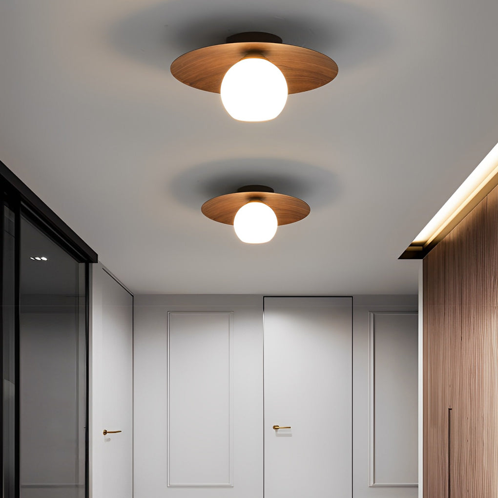Bowl-Shaped LED Flush-Mount Ceiling Light — Iron and Glass, Imitation Wood Texture, 13.8", 3000K Warm White