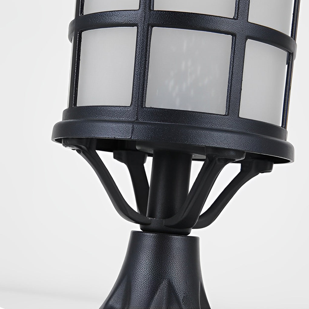 Modern Black Round Cage Solar / Hardwired Pillar Light — Die-Cast Aluminum & Glass, LED, IP65, 3-Step Dimming, Remote Control