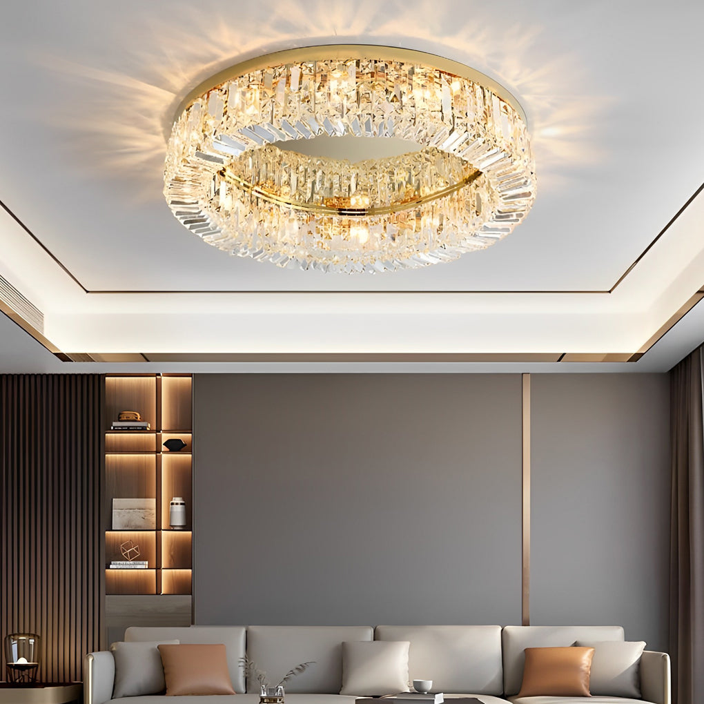 Ring Drum Crystal Flush-Mount Chandelier — Stainless Steel, Chrome or Gold, 6/8/12-Light, 19.7"–31.5"