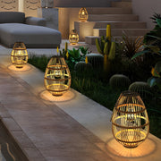 Rustic Modern Solar Portable Lantern — Wood and Rattan, LED, 3000K Warm White, IP65 Weatherproof, 7" × 11"