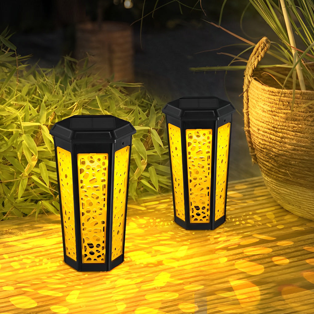 RGB Hexagonal Hollow Solar Stake Light — ABS + PC, LED, Dual-Mode Warm White / RGB, IP65 Weatherproof