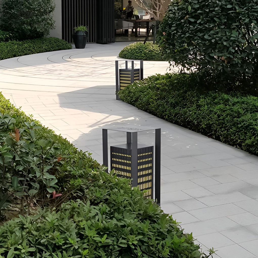 Cuboid Industrial LED Outdoor Pathway Lantern — Black, Galvanized Steel and Faux Marble, IP55 Weatherproof