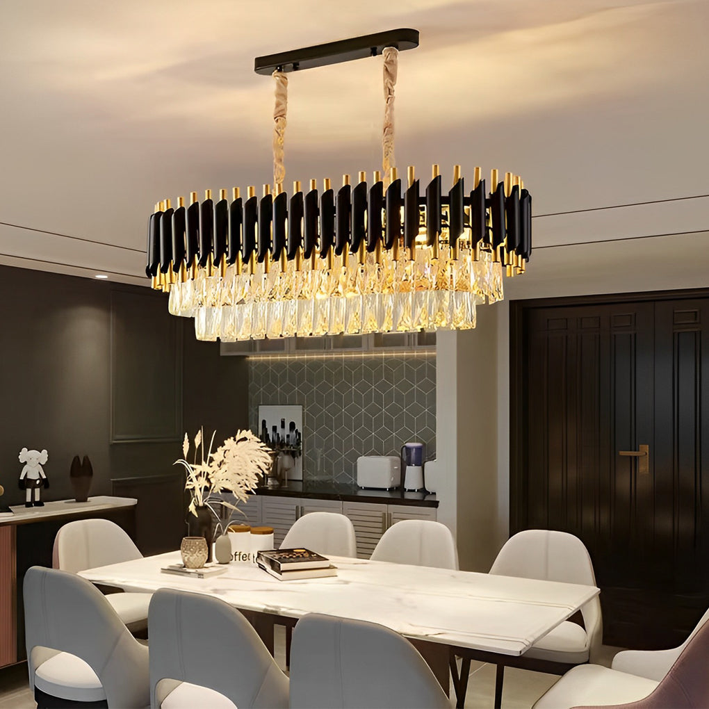 Postmodern Round Oval Crystal Chandelier — Black and Gold Iron, E14, Three-Step Dimming (3000K/4500K/6000K)