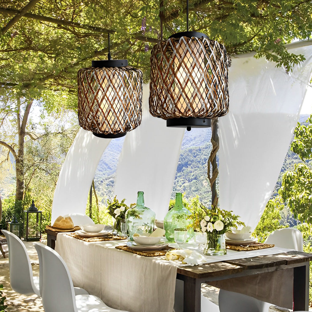 Rustic Modern Outdoor Hanging Chandelier — Iron and Rattan, E27, 10.2" Diameter, Waterproof