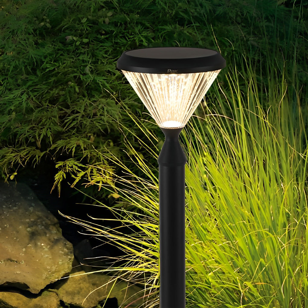 Round Ribbed Solar Pillar Light — Black Die-Cast Aluminum, LED 15W, 3000K, Light-Control