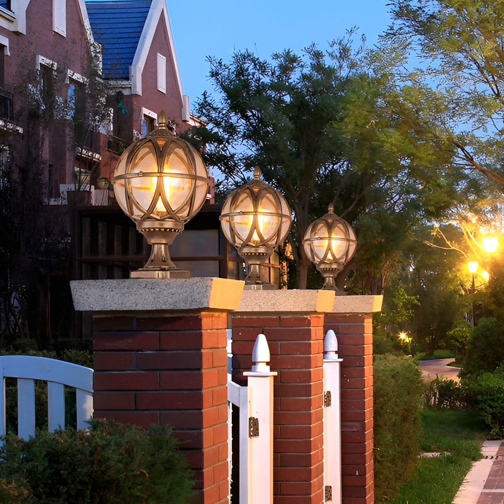 Round Glass Outdoor Post Cap Light — Aluminum, E27, Waterproof, Black or Bronze