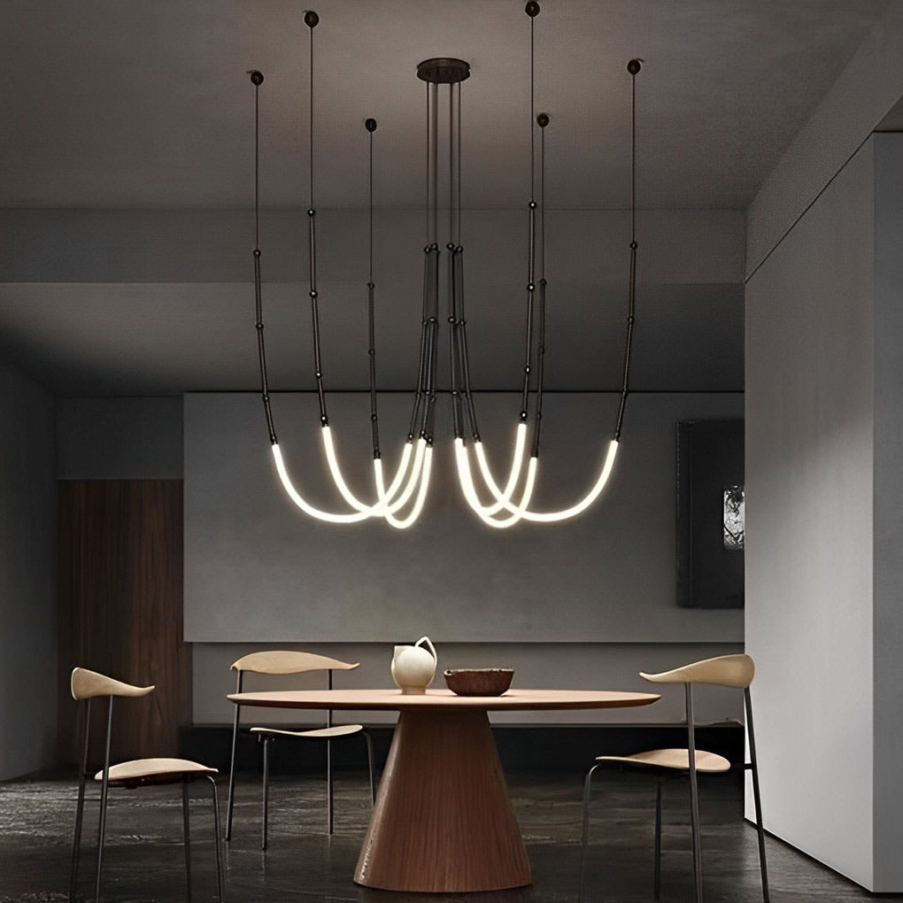 Staircase Chandelier with Bamboo Knot Design — Black Iron, LED, Adjustable 79" Wire, 1/3/6-Light