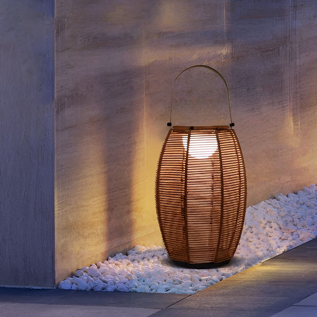 Rattan Lantern Portable Outdoor Floor Lamp — Solar LED, IP65 Weatherproof, 11" × 16", Motion Sensor
