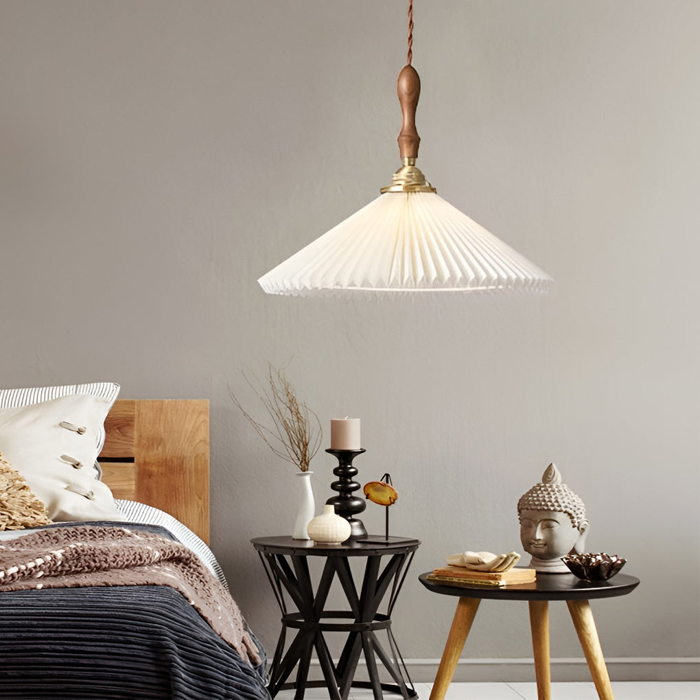 Pleated Mini Pendant or Wall Sconce — Walnut Wood and Copper, LED, 9" or 12" Diameter
