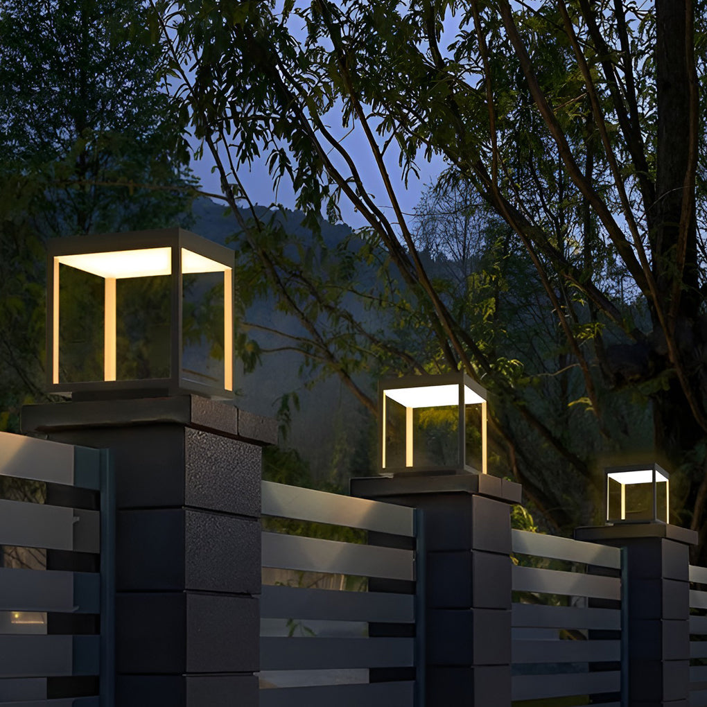 Contemporary Square Open-Frame Solar Pier-Mount Post Light — Stainless Steel & Acrylic, LED, IP54, Warm White 3000K