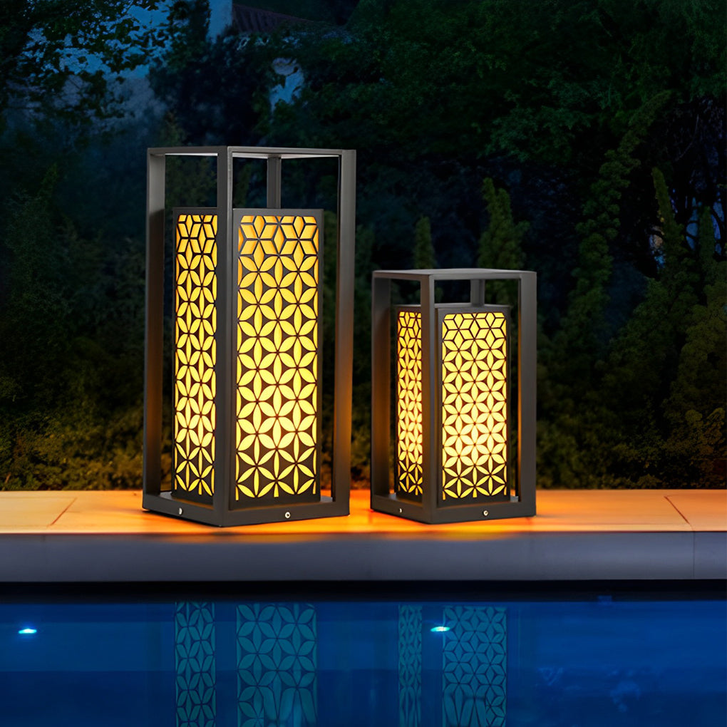 Floral Pattern Modern Bollard Path Light — Black Galvanized Steel, 10W LED, 3000K Warm White
