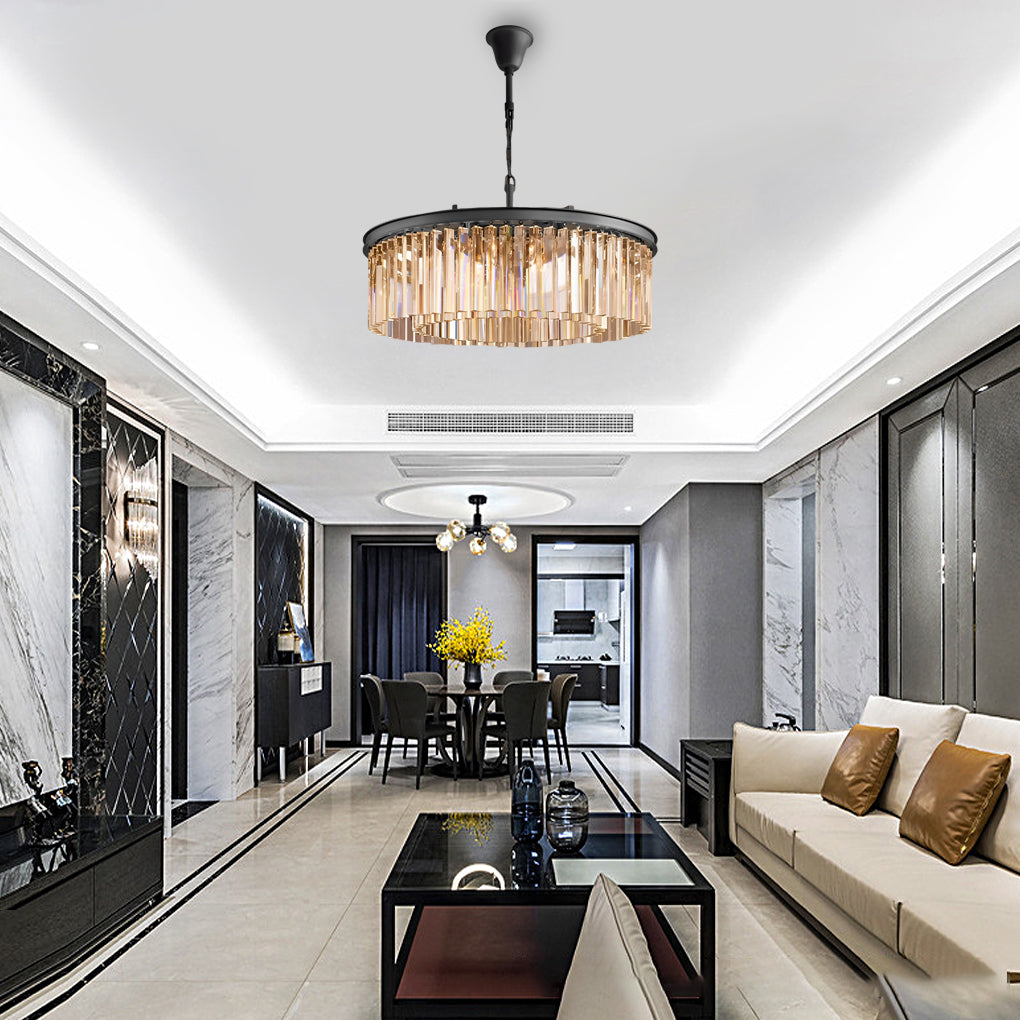Round Crystal Strip Chandelier — K9 Crystal and Metal, Mid-Century Modern, 3000K Warm White, 21.7" or 33.5"