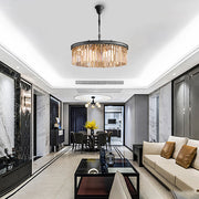 Round Crystal Strip Chandelier — K9 Crystal and Metal, Mid-Century Modern, 3000K Warm White, 21.7" or 33.5"