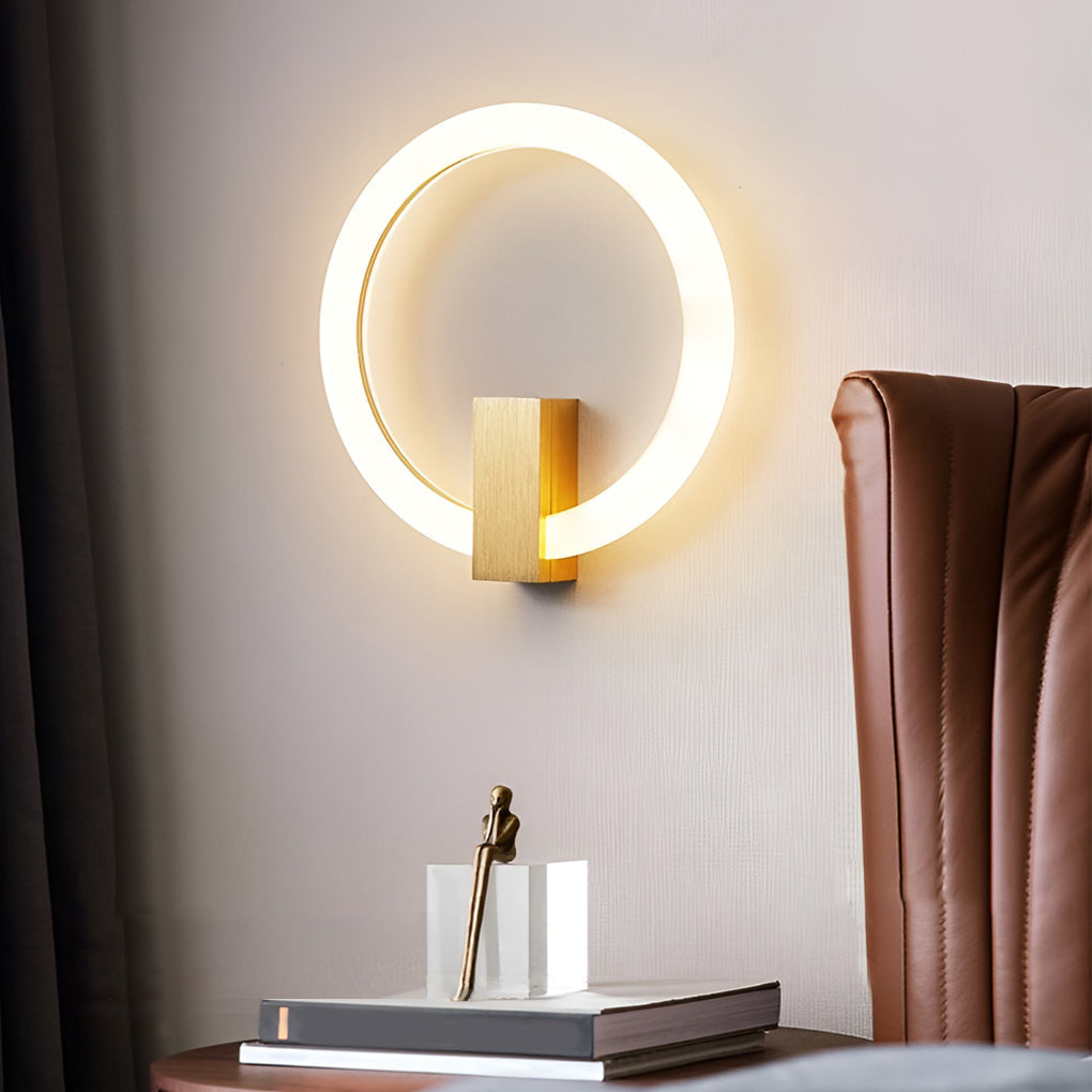 Modern Circle LED Wall Sconce — Iron and Acrylic, 3-Step Dimming, Remote, 4500K, Coffee or Gold, 8"–16"
