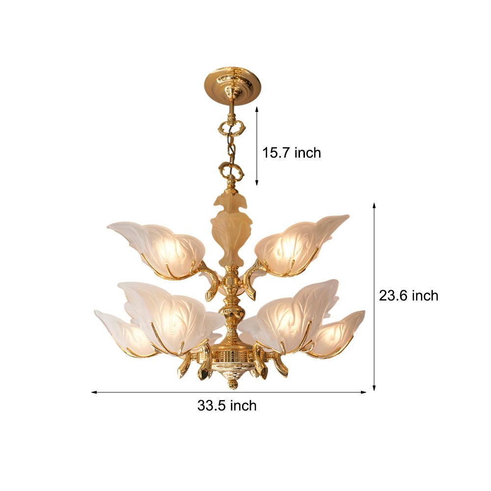 Italian Murano Glass Leaf Chandelier — Brass & Copper, 9-Light E14, 3-Step Dimming, 33.5" Diameter