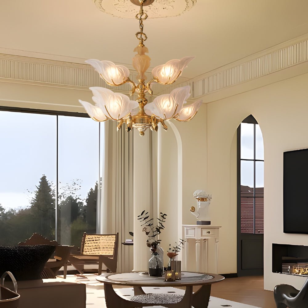 Italian Murano Glass Leaf Chandelier — Brass & Copper, 9-Light E14, 3-Step Dimming, 33.5" Diameter