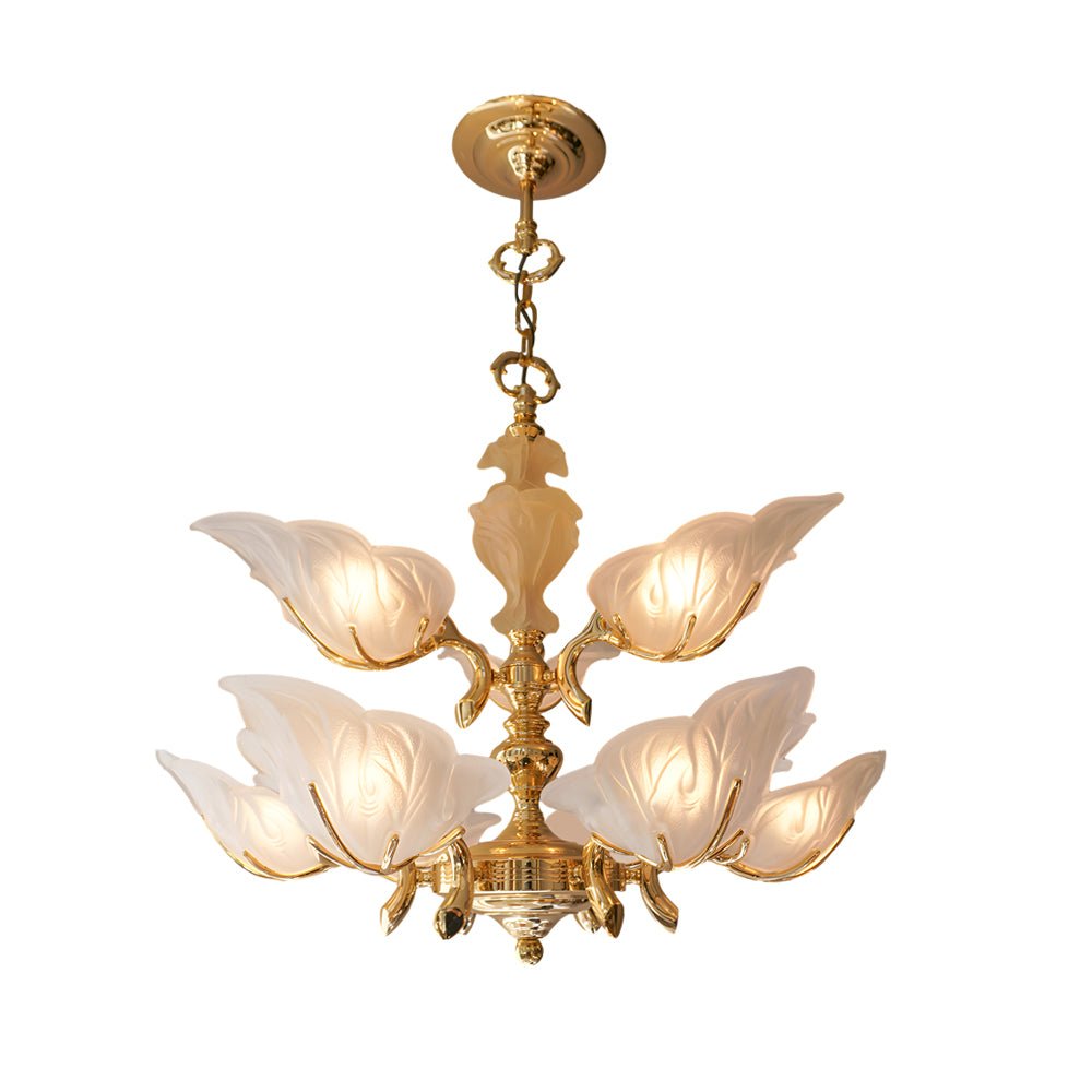 Italian Murano Glass Leaf Chandelier — Brass & Copper, 9-Light E14, 3-Step Dimming, 33.5" Diameter