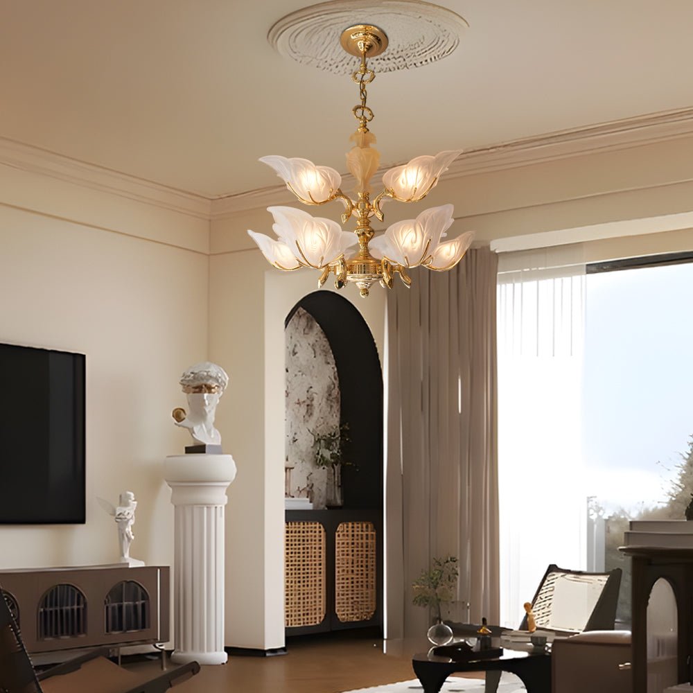 Italian Murano Glass Leaf Chandelier — Brass & Copper, 9-Light E14, 3-Step Dimming, 33.5" Diameter