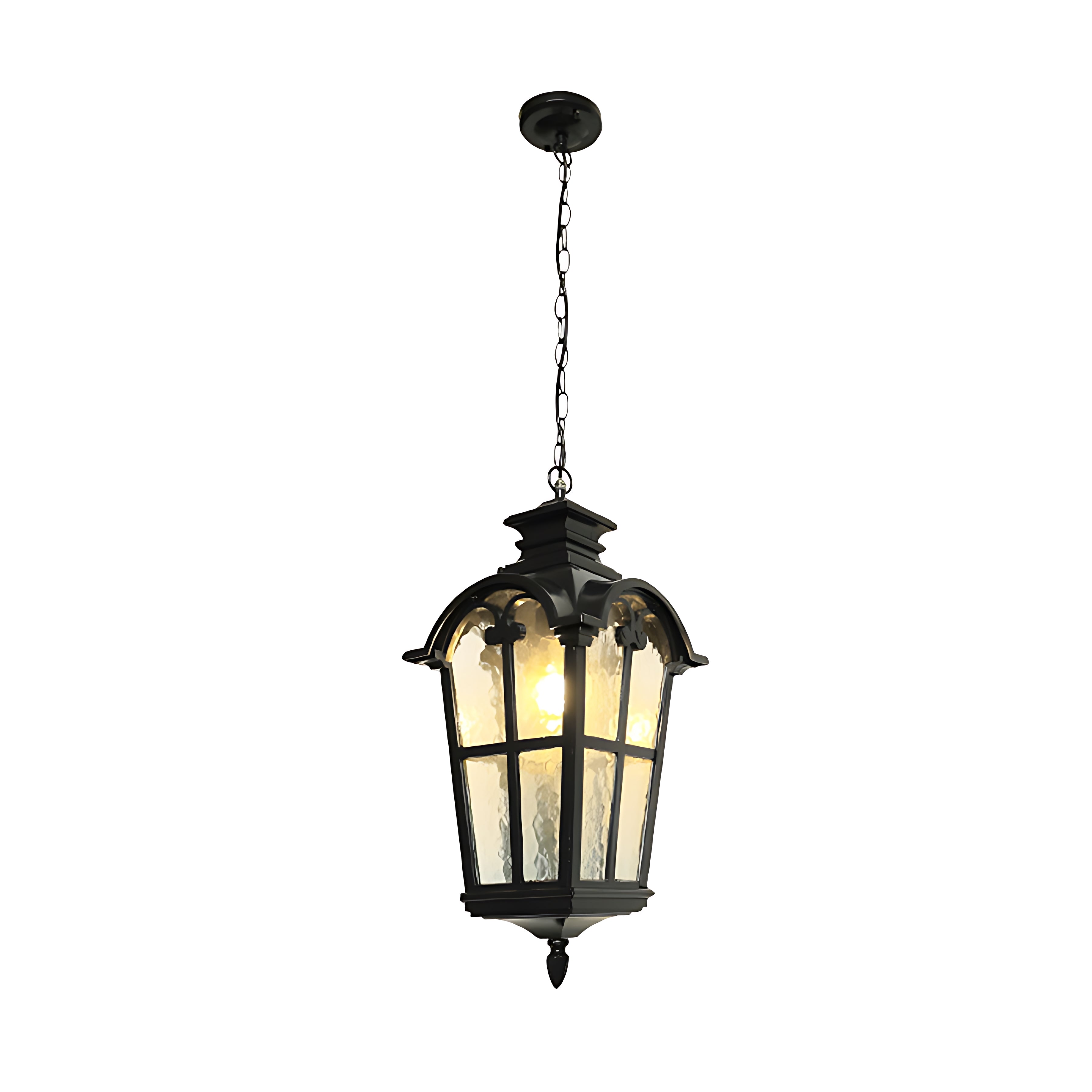 Roman-Style Outdoor Hanging Porch Light — Die-Cast Aluminum, Rippled Tempered Glass, Black and Gold, E27, IP55, 1-Light