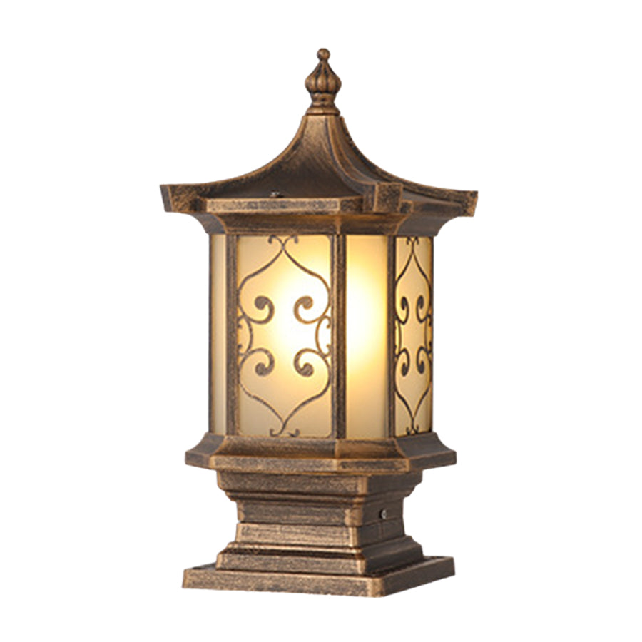 Retro Lantern Outdoor Gate Pillar Light — Die-Cast Aluminum, Frosted Glass, Solar or Hardwired, Black or Bronze