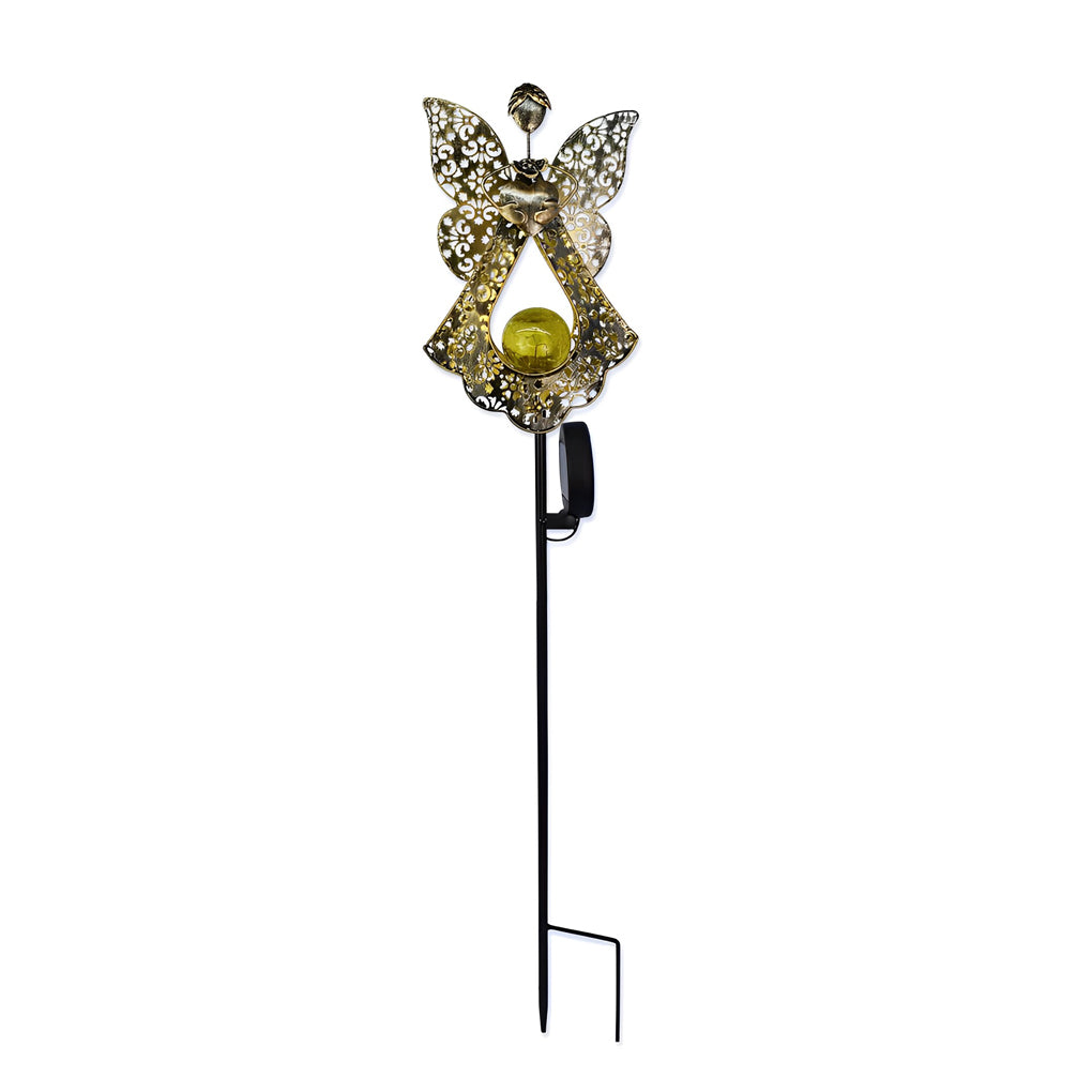Moon, Sun & Flame Hollow Iron Solar Garden Stake Light — Cracked Glass Globe, LED, IP55 Weatherproof