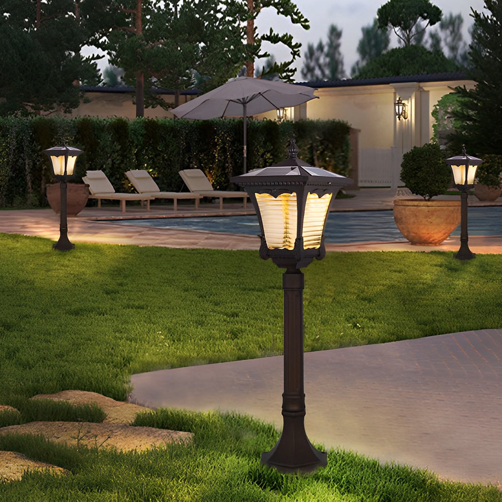Ornate Vintage Solar LED Post Light — Coffee Gold Aluminum & Glass, Dusk-to-Dawn, IP55, 20" or 31"