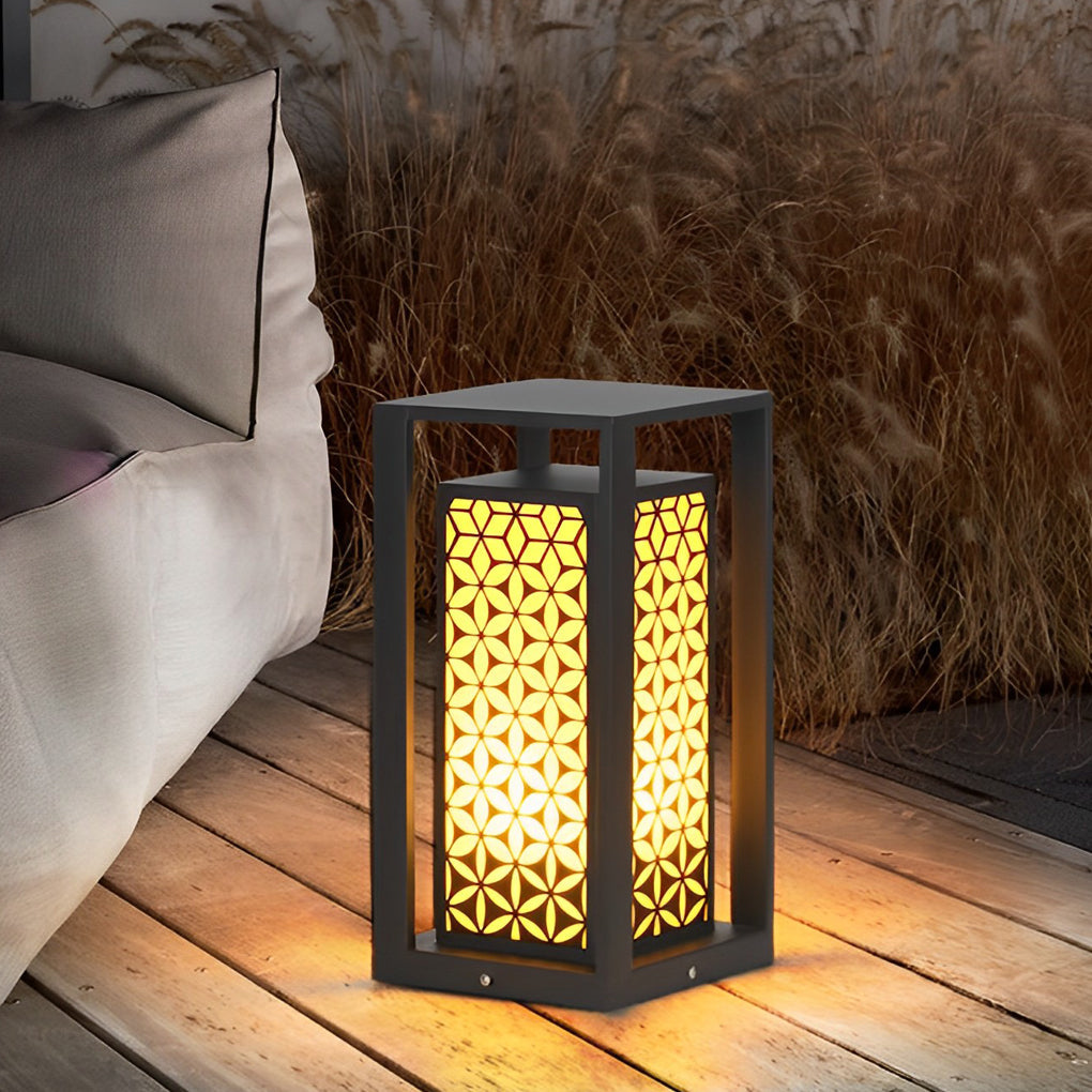Floral Pattern Modern Bollard Path Light — Black Galvanized Steel, 10W LED, 3000K Warm White