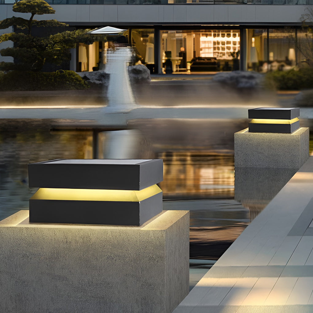 Modern Square LED Post Cap Pillar Light — Black Stainless Steel, 16W, Solar / Hardwired, IP65, 3000K