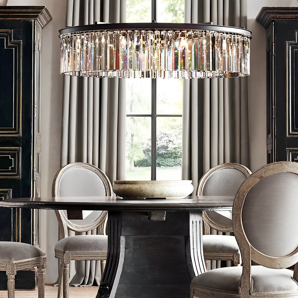 Round Crystal Strip Chandelier — K9 Crystal and Metal, Mid-Century Modern, 3000K Warm White, 21.7" or 33.5"