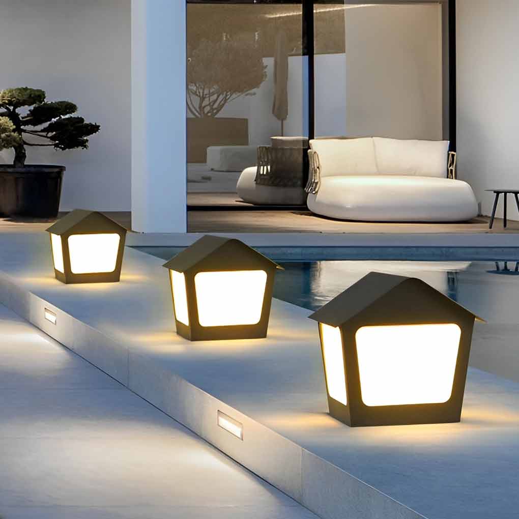 Cottage-Shaped Outdoor Pillar Light — Stainless Steel & Acrylic, Solar / Hardwired, LED, IP54, Warm White 3000K